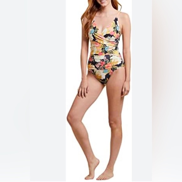 TRIBAL SPORT floral one-piece swimsuit v-neck tummy control beach vacation sz L - Picture 8 of 14
